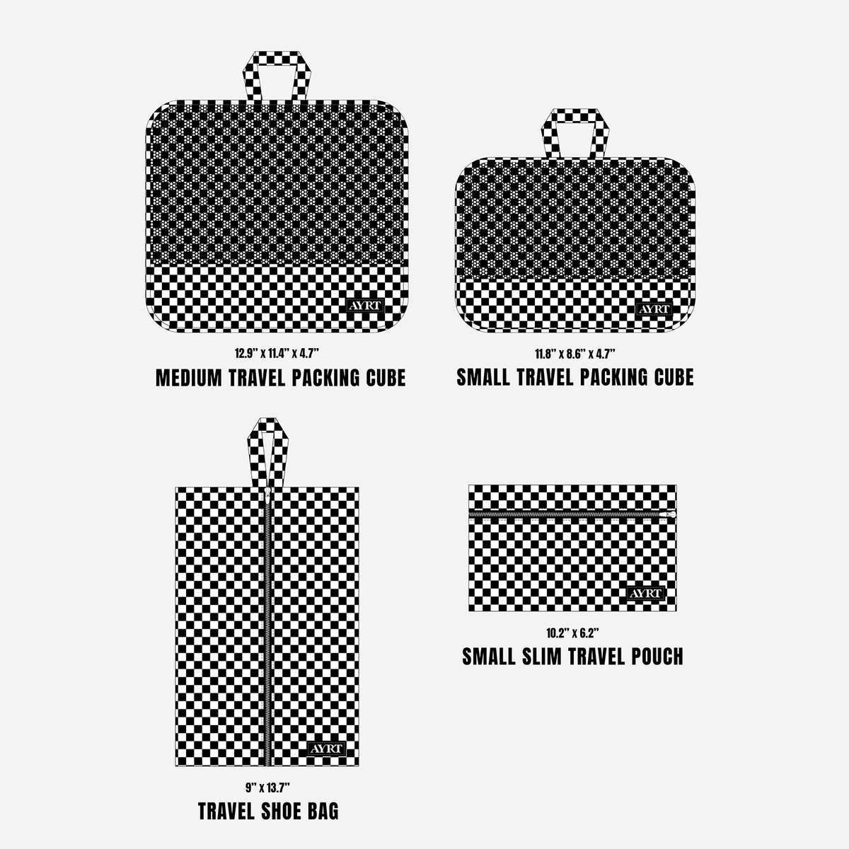 Carry-on essentials 4-piece set in checkerboard pattern dimensions