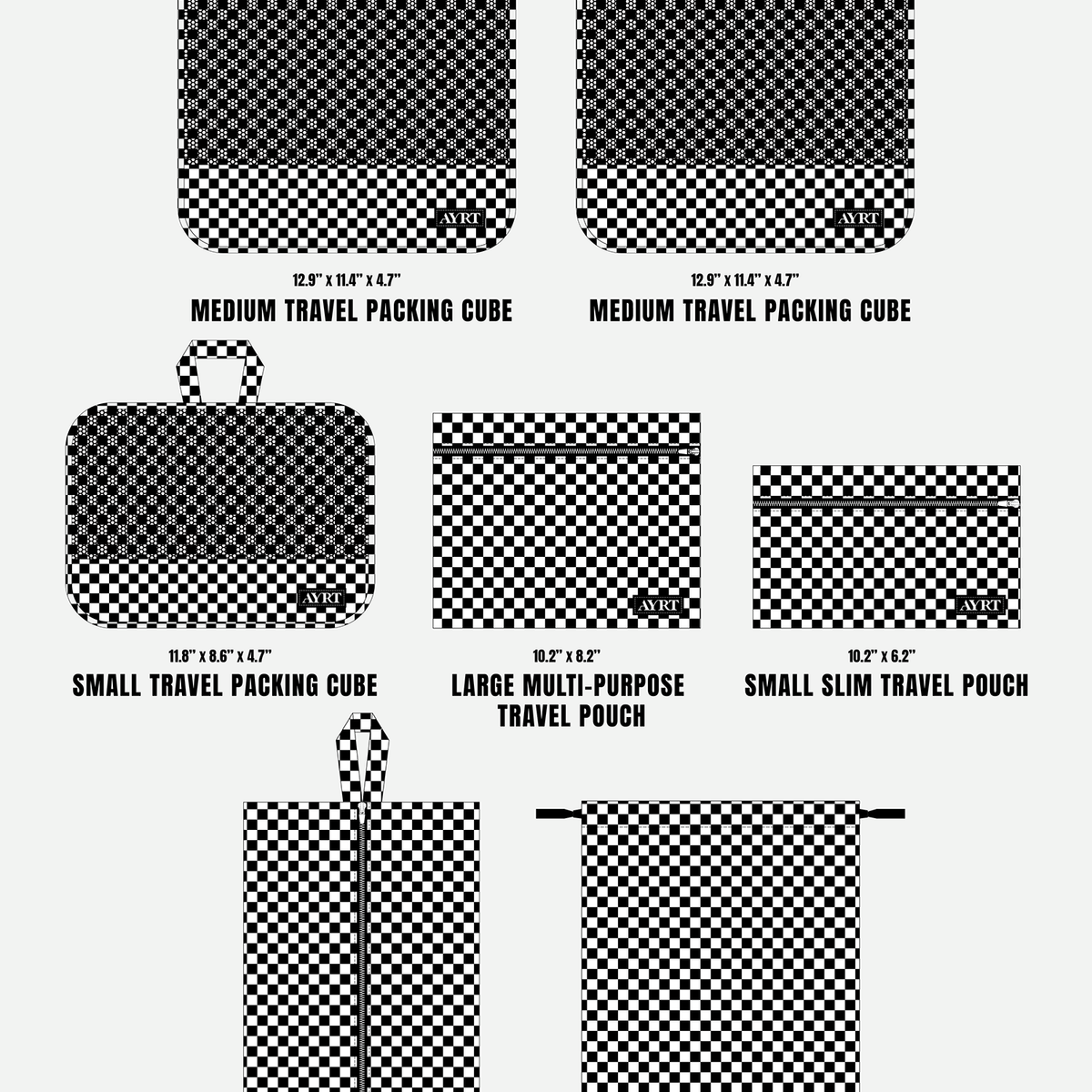 Complete 7-piece travel organizer set in checkerboard pattern dimensions