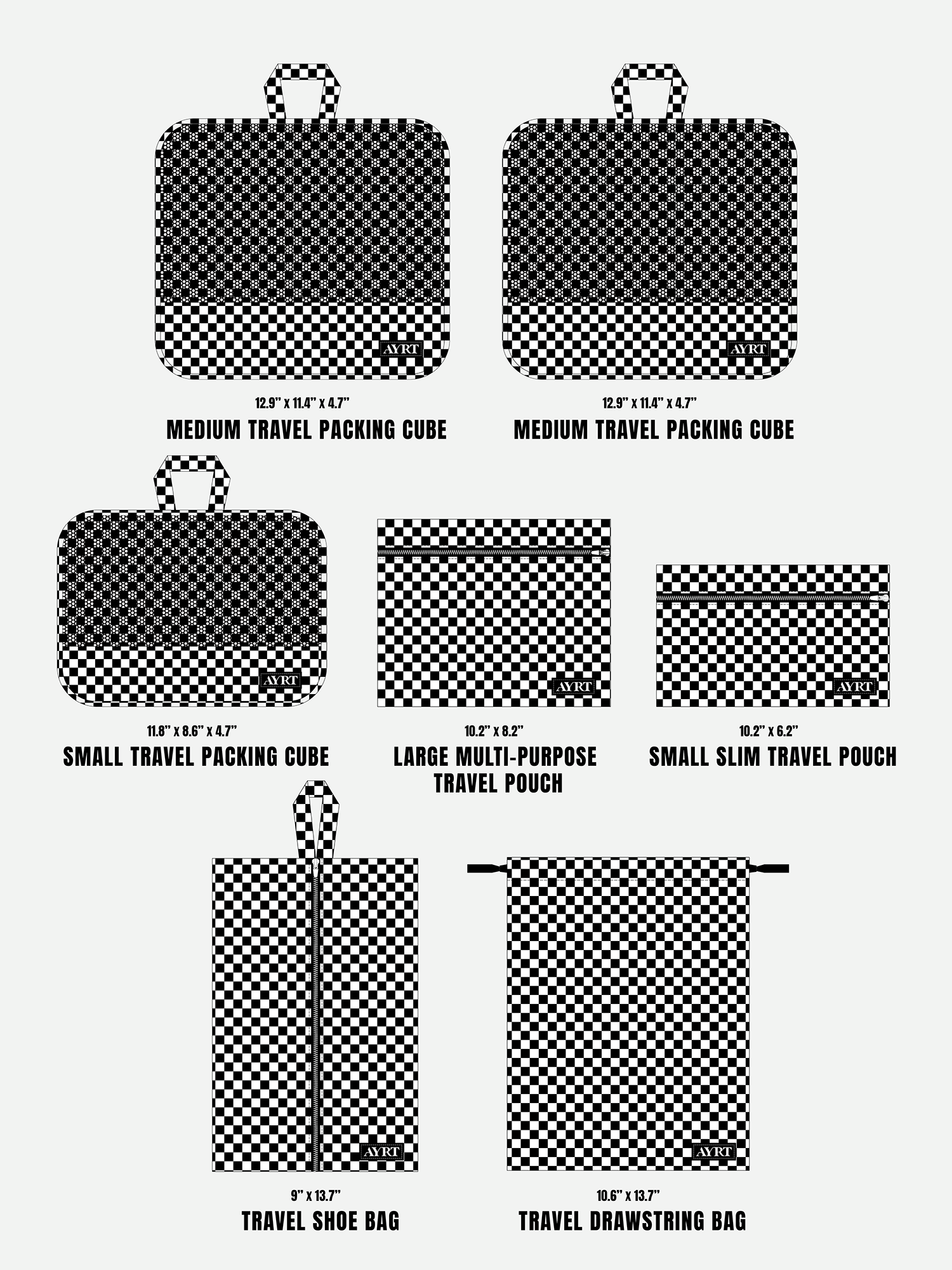 Complete 7-piece travel organizer set in checkerboard pattern dimensions