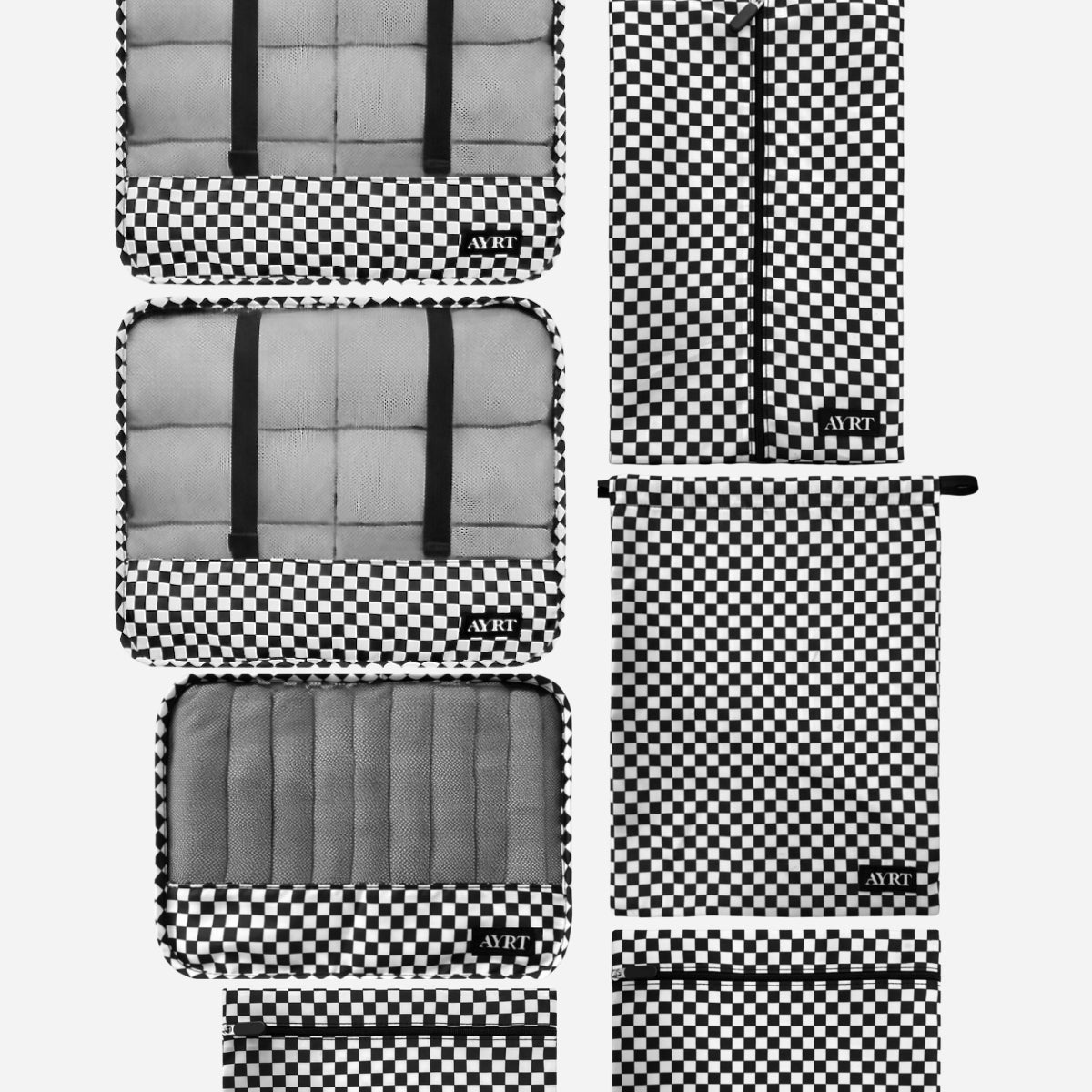 Complete 7-piece travel organizer set in checkerboard pattern