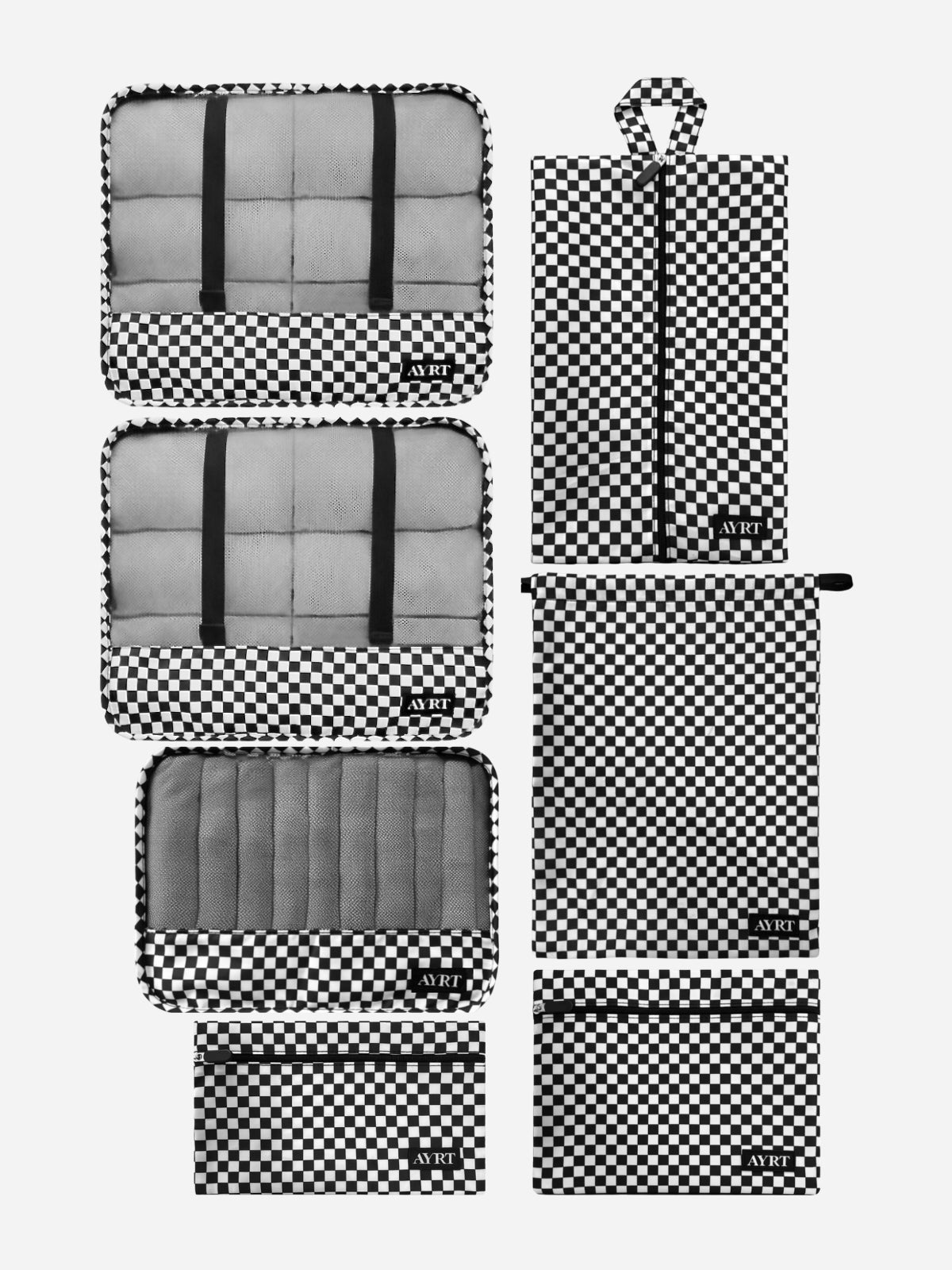 Complete 7-piece travel organizer set in checkerboard pattern