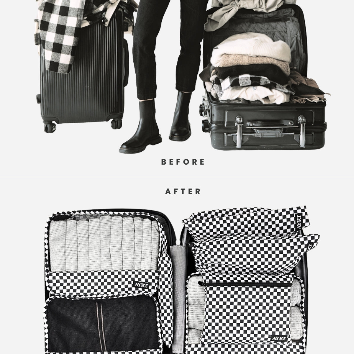 Complete 7-piece travel organizer set in checkerboard pattern before and after