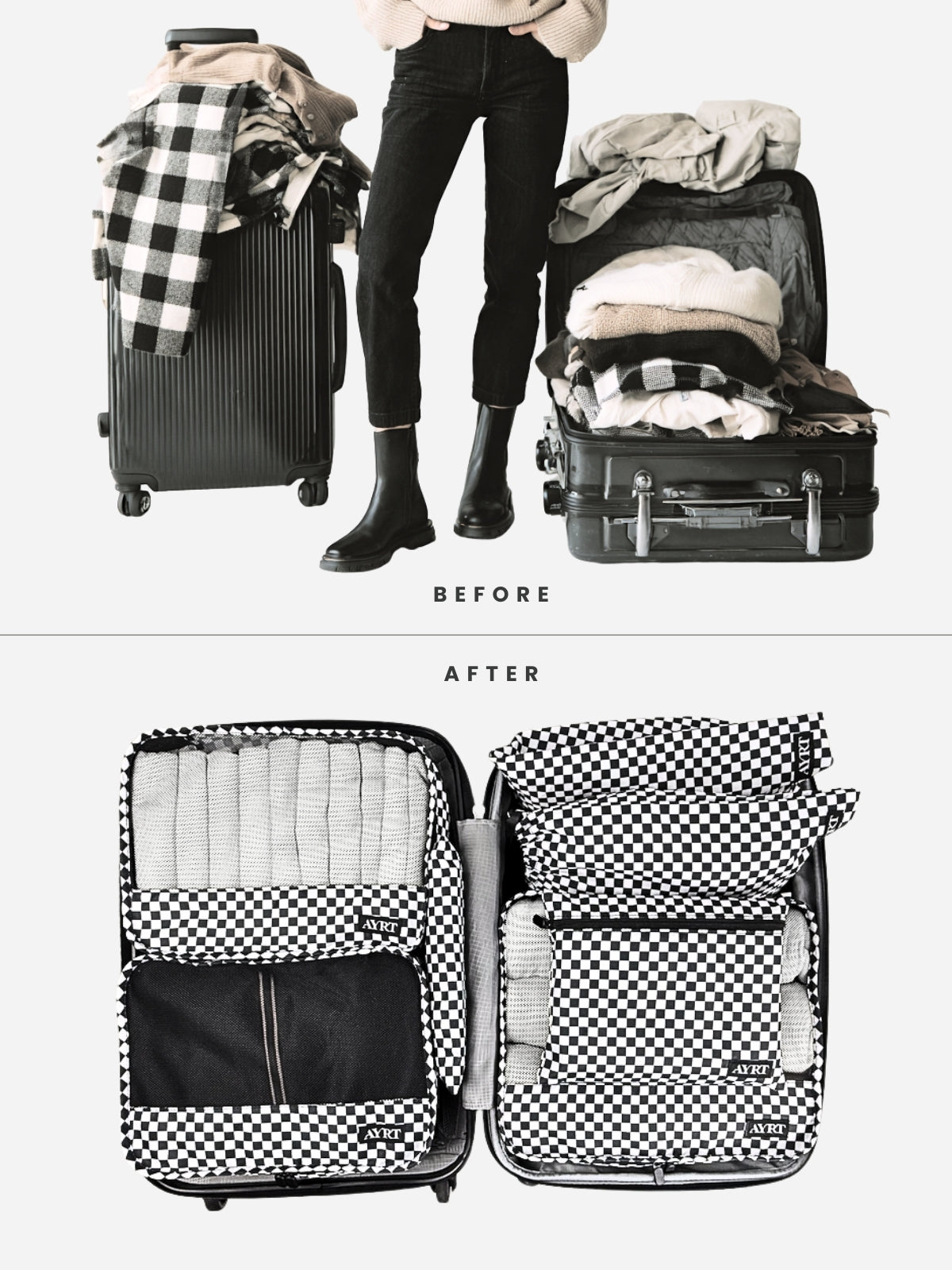 Complete 7-piece travel organizer set in checkerboard pattern before and after