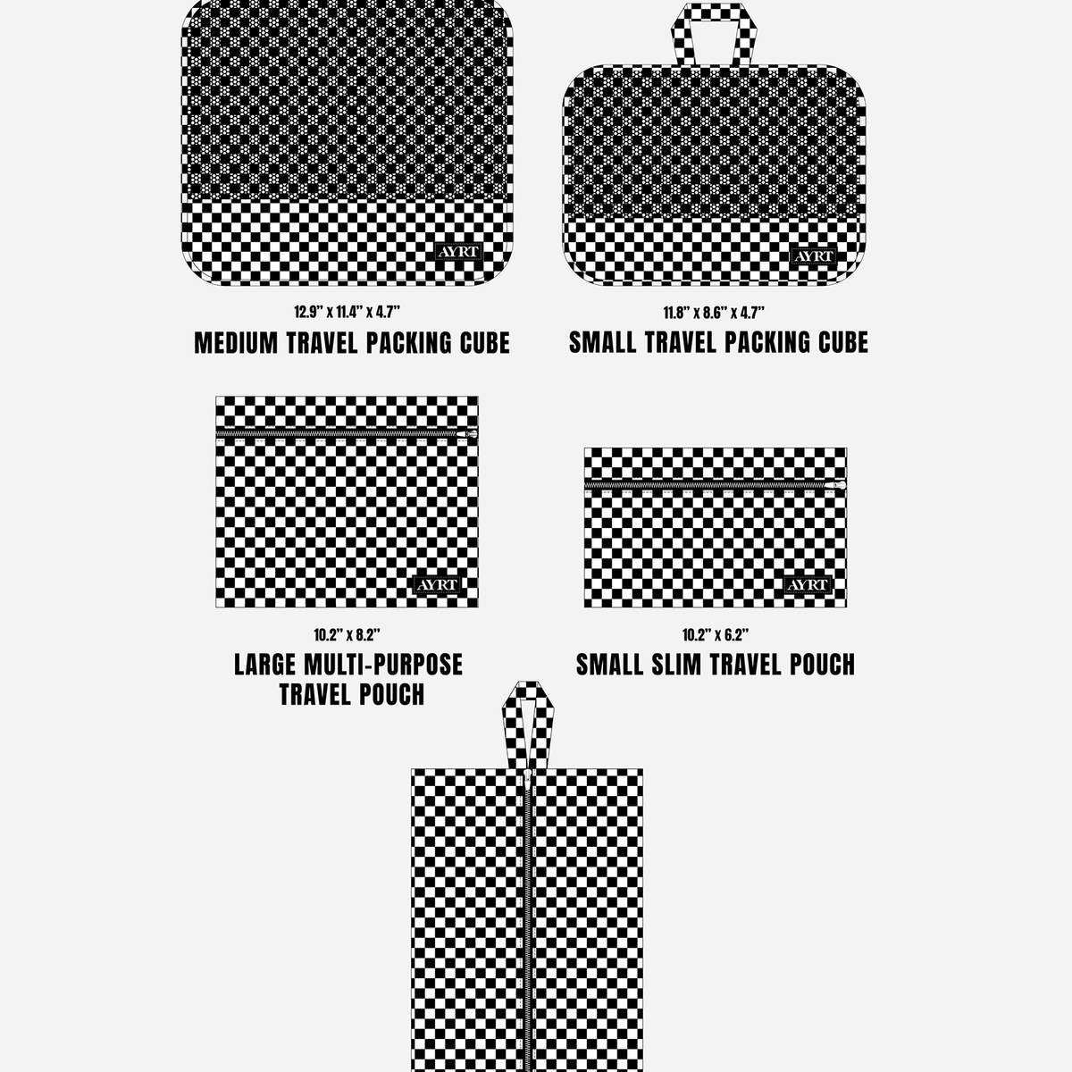 Traveler’s favorite 5-piece travel set in checkerboard pattern dimensions