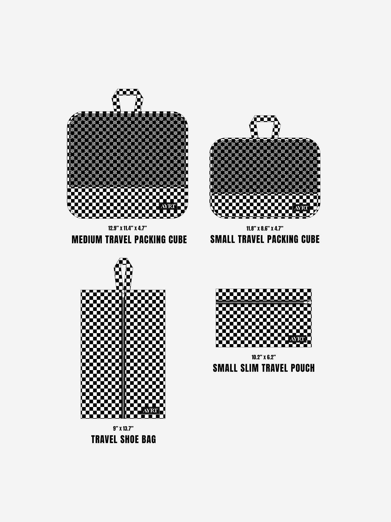 Carry-on essentials 4-piece set in checkerboard pattern dimensions