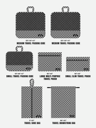 Complete 7-piece travel organizer set in checkerboard pattern dimensions