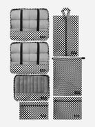 Complete 7-piece travel organizer set in checkerboard pattern