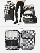 Complete 7-piece travel organizer set in checkerboard pattern before and after