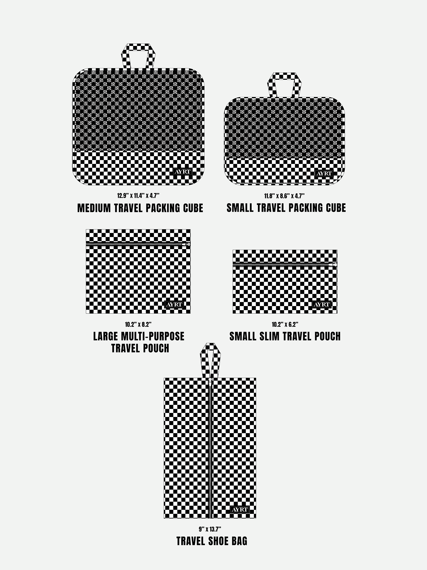 Traveler’s favorite 5-piece travel set in checkerboard pattern dimensions